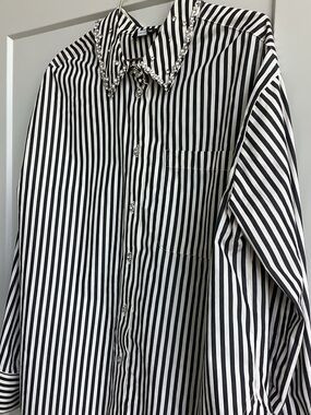 Embellished Collar Black & White Stripe Men's Shirt